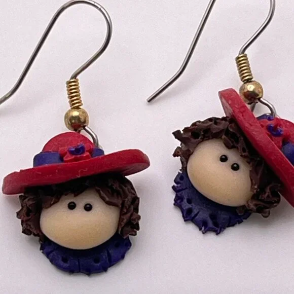 Red Hat Society Dangle Earrings Vintage Lady Head Polymer Clay - Picture 3 of 6